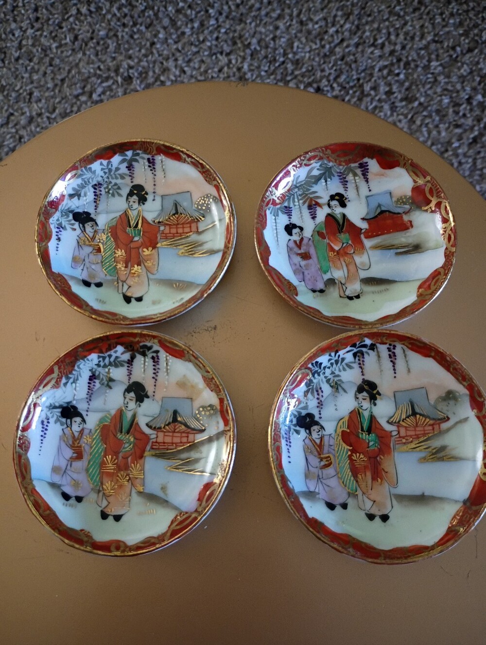 4 Vintage Hand Painted & Signed Japanese Geisha Plates, Diameter 3"